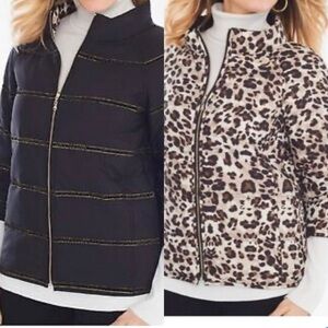Chico’s Reversible Puffer Jacket Lightweight 3/4 Sleeve Leopard Print Sz 1 Med
